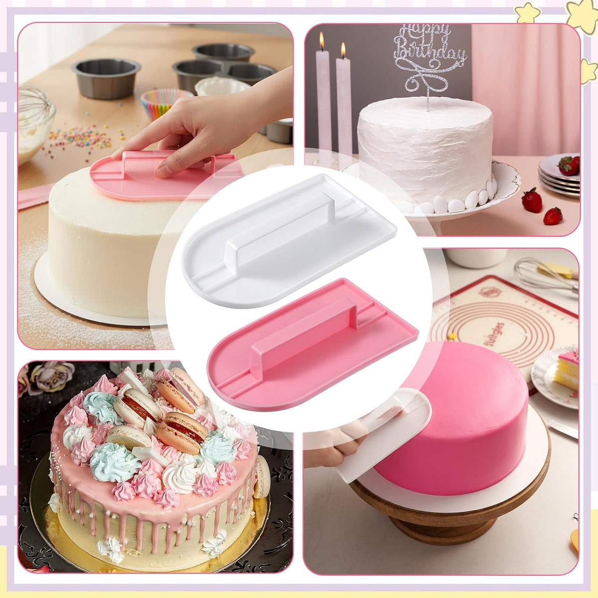 2 Pcs Cake Decoration Icing Smoother, Fondant Smoothing,Plastic Polisher Cake Decorating Tools, Fondant Smoother Set, Icings Scraper Paddle Tool for DIY Cake (5.7" x 3.1", Pink, White)