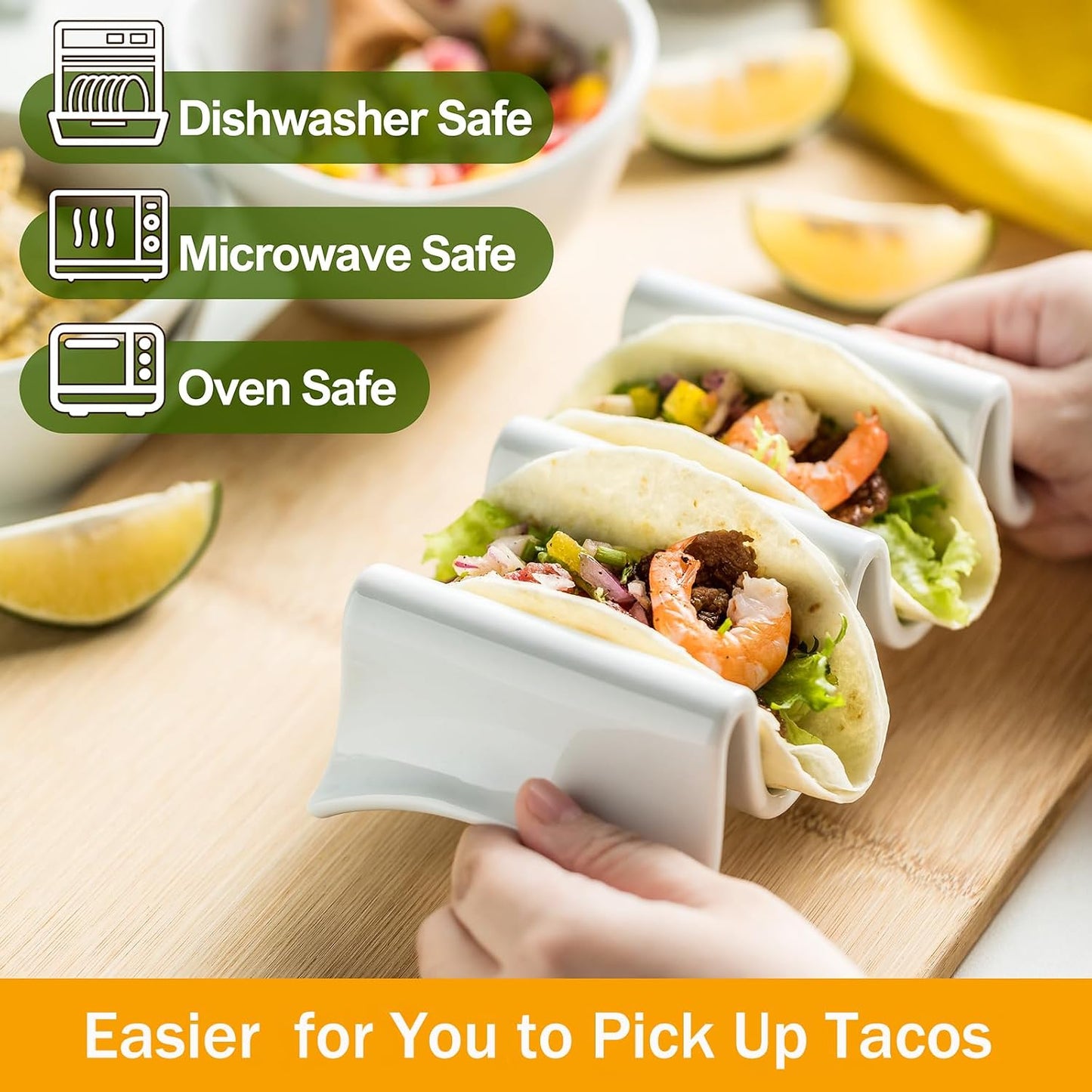 Taco Holders Set of 2, Porcelain Large Taco Tray with Handles, Reusable and Stackable Taco Plates, Perfect for Burritos and Tortillas Holder Handles, Oven & Microwave Safe