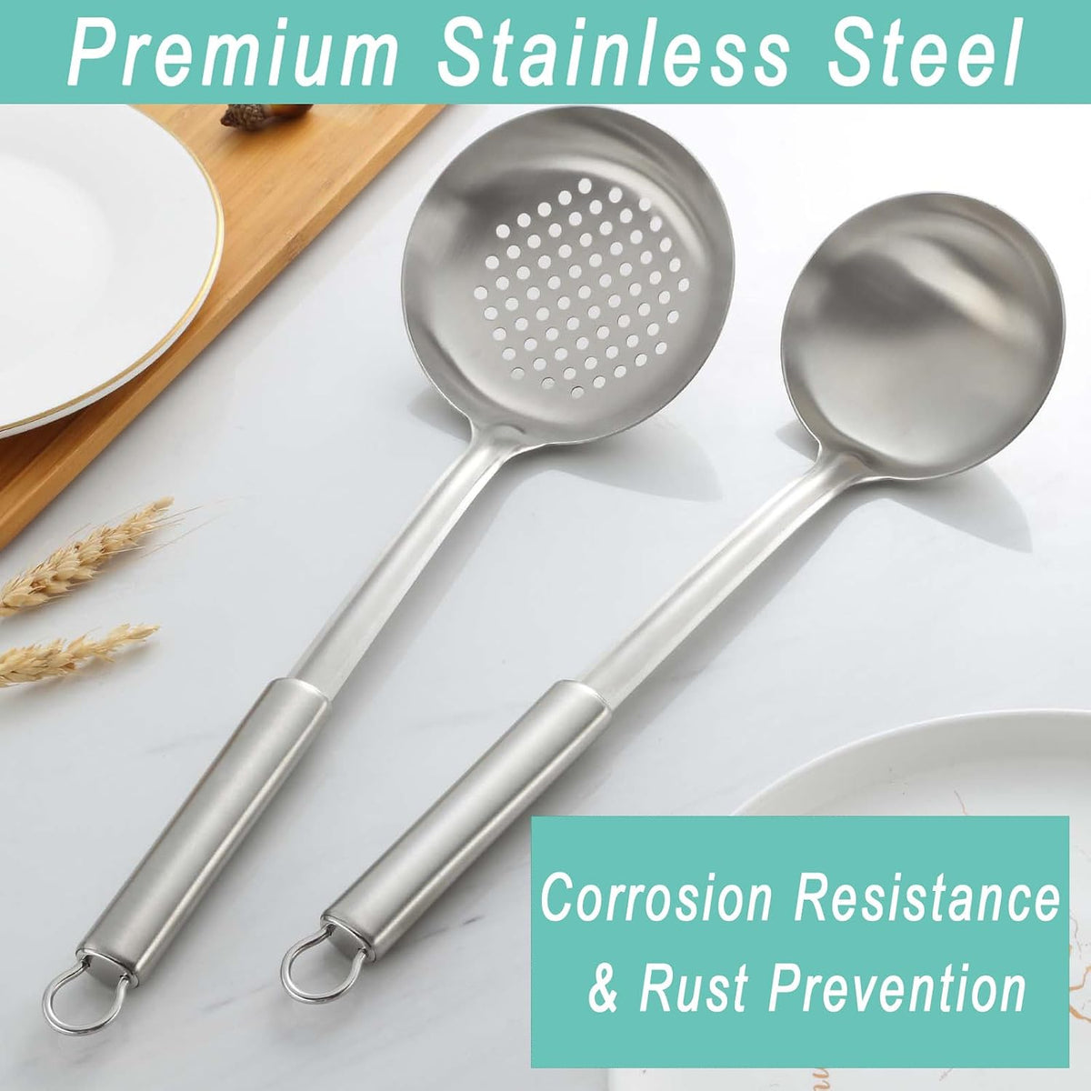 Pleafind 𝟑𝟑% 𝐎𝐅𝐅 Cooking Utensils Set - 4 Pcs Stainless Steel Kitchen Utensils Set with Solid Turner, Slotted Turner, Serving Ladle, Slotted Spoon, Wok Utensils Set with Heat Resistant Handle