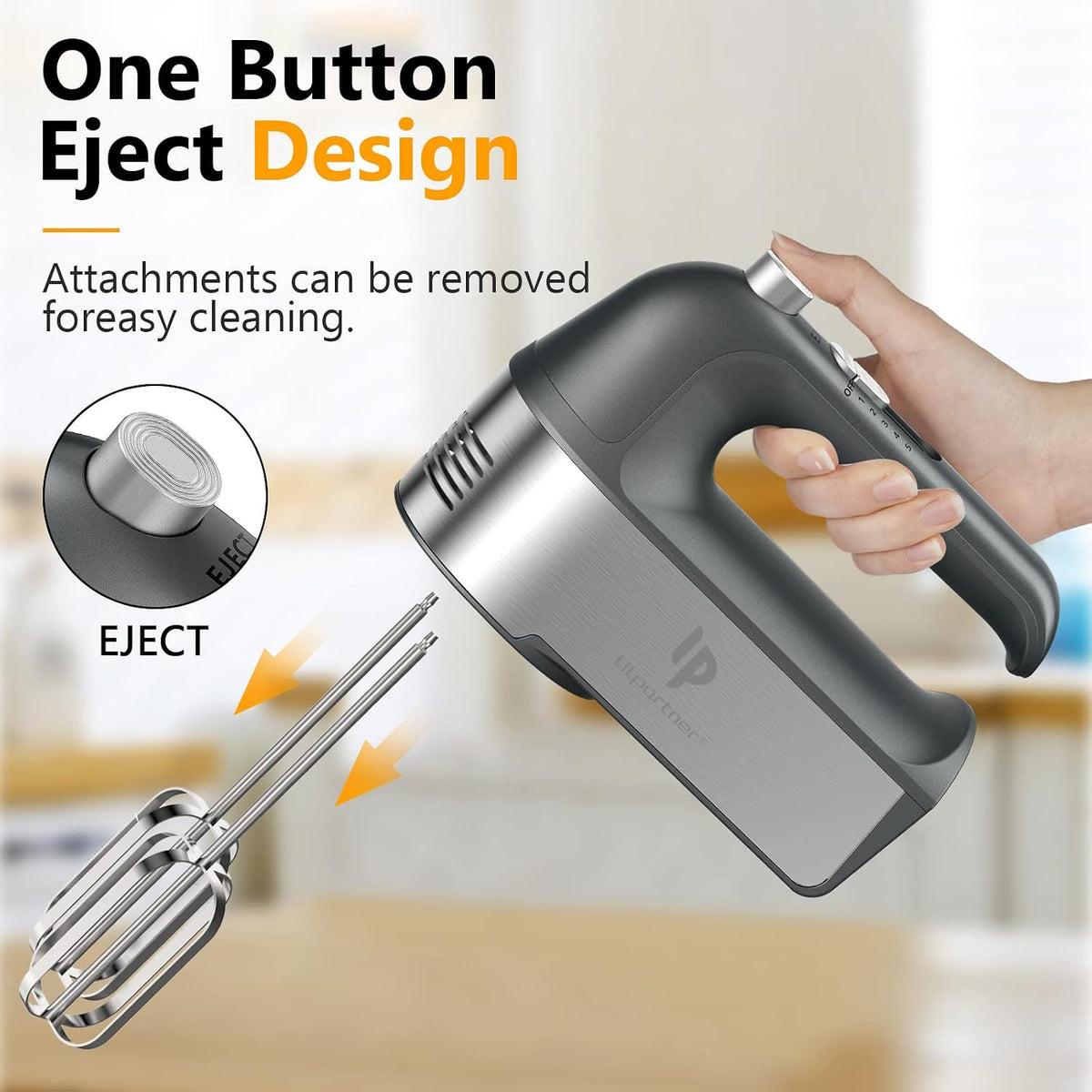 Hand Mixer Electric, 450W Kitchen Mixers with Scale Cup Storage Case, Turbo Boost/Self-Control Speed + 5 Speed + Eject Button + 5 Stainless Steel Accessories, For Easy Whipping Dough, Cream, Black