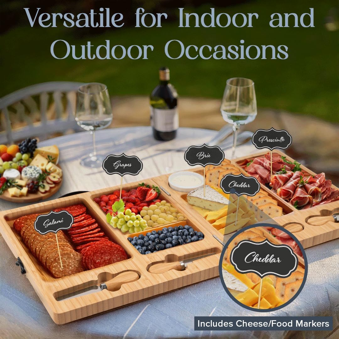 Charcuterie Boards Set - Large Bamboo Cheese Board with Charcuterie Accessories - Wooden Cheese Platter - Foldable Charcuterie Board for House Warming Gifts New Home & Wedding Gifts