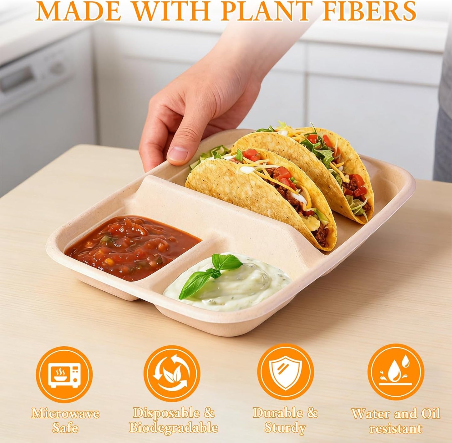 tchrules 50pcs Taco Plates Disposable for 2 Tacos & 2 Sides, Premium Paper Taco Holders for Tacos Tuesday Bar Serving Set, Decorations Supplies (50)