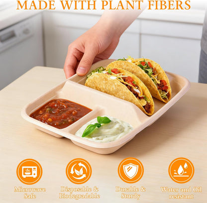 tchrules 50pcs Taco Plates Disposable for 2 Tacos & 2 Sides, Premium Paper Taco Holders for Tacos Tuesday Bar Serving Set, Decorations Supplies (50)