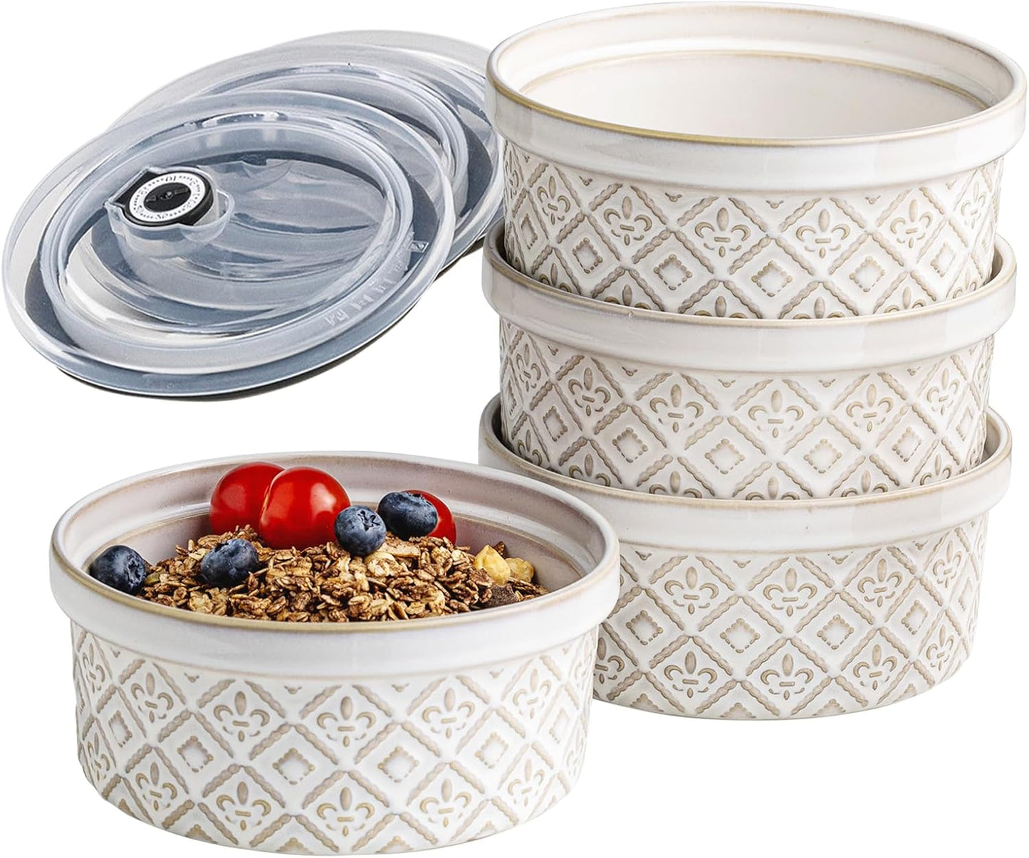 Airtight Food Storage Containers with Lids Mixing Bowls Set, Ceramic Serving Bowls with Lids Set of 4, 12/16/28/40 oz Stackable Nesting Salad Bowls for Cooking, Baking, Ramen - Beige