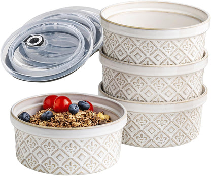Airtight Food Storage Containers with Lids Mixing Bowls Set, Ceramic Serving Bowls with Lids Set of 4, 12/16/28/40 oz Stackable Nesting Salad Bowls for Cooking, Baking, Ramen - Beige