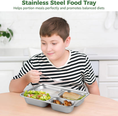 Joyibay 3 Pcs Stainless Steel Snack Containers with Transparent Lids, 4-Compartment Bento Box, 9.4 x 6.7 x 1.6 in Divided Food Tray, Reusable Meal Prep Containers for Youngsters and Adults
