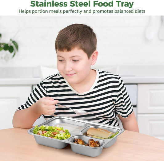 Joyibay 3 Pcs Stainless Steel Snack Containers with Transparent Lids, 4-Compartment Bento Box, 9.4 x 6.7 x 1.6 in Divided Food Tray, Reusable Meal Prep Containers for Youngsters and Adults