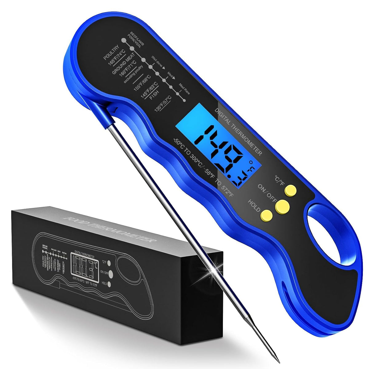 TRAUSI Instant Read Meat Thermometer, Fast & Accurate Digital Food Thermometer with Backlight, Waterproof & Magnet for Grilling, Cooking, BBQ, Smoker, Baking, and Candy Making Blue