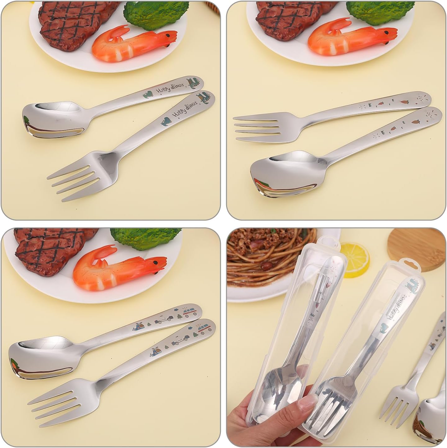 Cute Cartoon Spoon Fork Dinnerware Sets with Case Cute Kawaii Portable Travel Stainless Steel Cutlery Set Kitchen Utensils Tableware (Monsters,16.5x4cm)