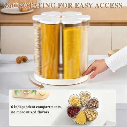 6 Grids 360° Rotating Cereal Dispenser Countertop - 7 lbs Rice Dispenser for Pantry Kitchen - Small Food Storage Containers Set with Lids - Grain Cereal Storage Container for Oats, Flour, Bean