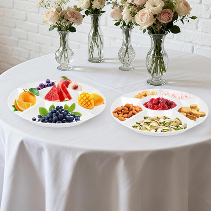 4 Pcs 12.4" Large Divided Serving Trays for Party Supplies, 6 Compartments Round Plastic Platters for Serving Food, Unbreakable Reusable Trays for Snack, Veggie, Fruit, Candy, White