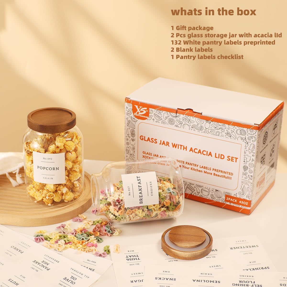 2 Pack Large Glass Flour and Sugar Storage Containers with Airtight Acacia Wood Lids and 132 Kitchen Pantey Labels Preprint - 1 Gallon Borosilicate Glass Canister Sets for Food,Pasta,Cookie,Rice