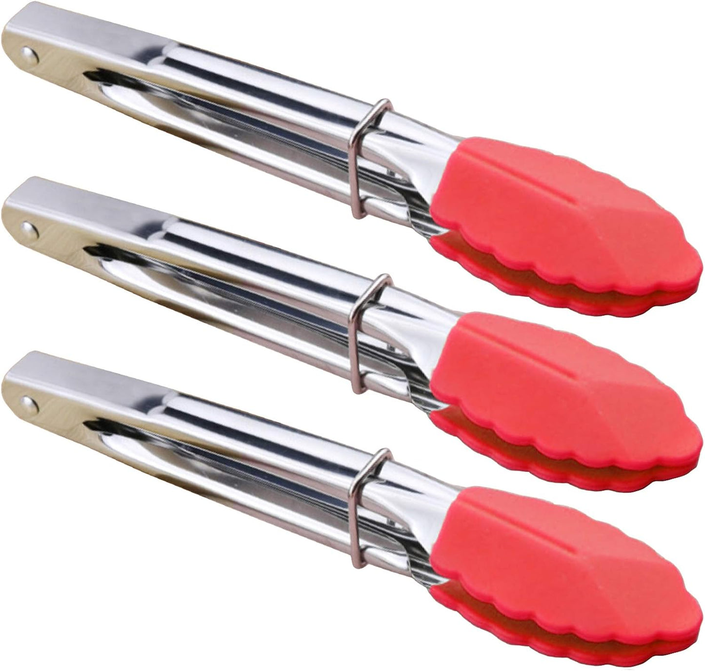 HINMAY Mini Stainless Steel Food Tongs with Silding Rings 7-Inch, Set of 6 | Small Clam Shell Service Tongs for Serving Appetizers, Desserts, Salads, Barbecue and Cooking (Silver)
