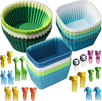 Silicone Lunch Box Dividers - Bento Box Lunchbox Accessories Reusable Cupcake Liners Molds for Baking with 20pcs Food Picks