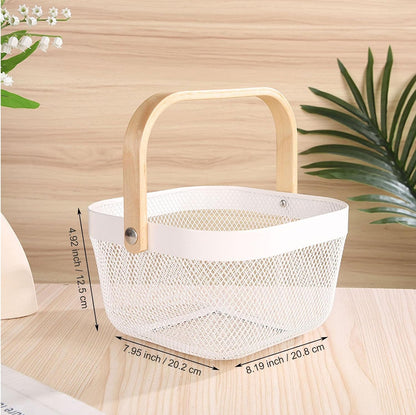 AJIODA Metal Mesh Wire Basket, Large Steel Basket with Wooden Handle Storage Organizer Basket Multi-functional Hanging Kitchen Baskets Fruit Baskets for Kitchen Bathroom Cabinet Pantry Snacks, Black