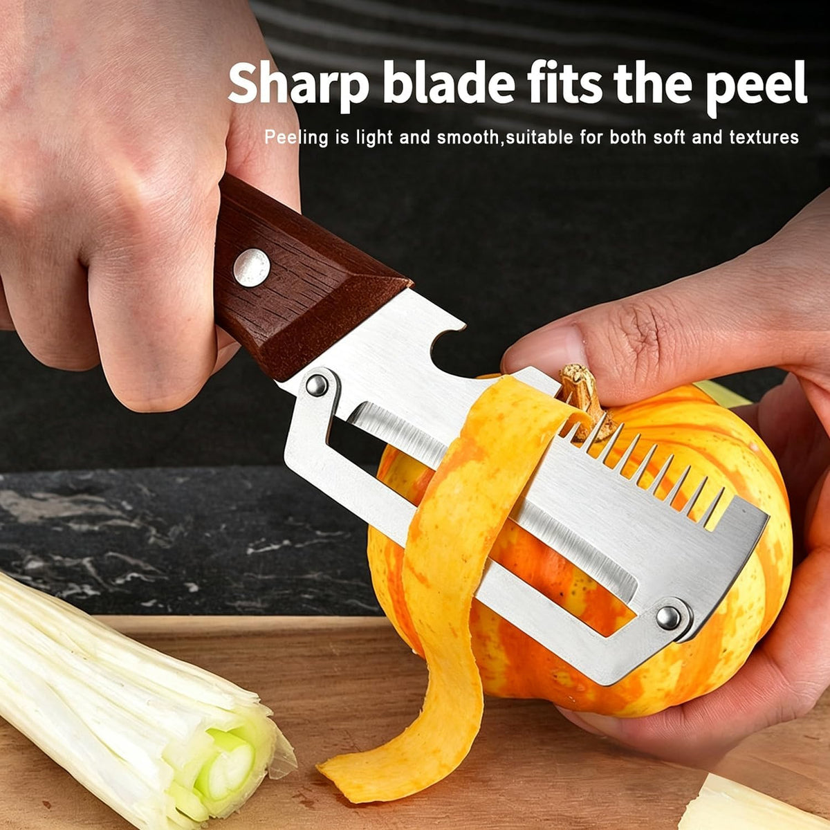 Multifunctional Vegetable Peeler，With wooden handle & bottle opener and grater 3 in 1 kitchen gadgets for potatoes pumpkinsp garlic sugarcane pineapples carrots and other vegetables or fruits