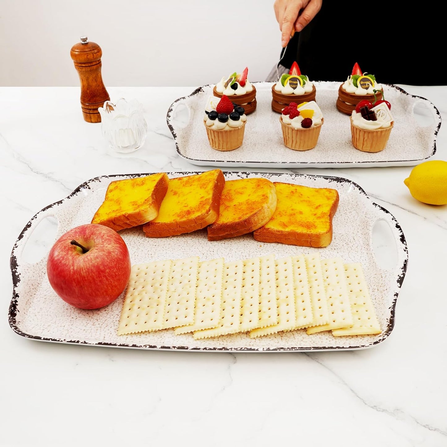 TP Large Serving Trays with Handles, 19" x 12" Melamine Serving Platters for Food, Turkey, Set of 2 Rectangular Trays for Party, Pure White
