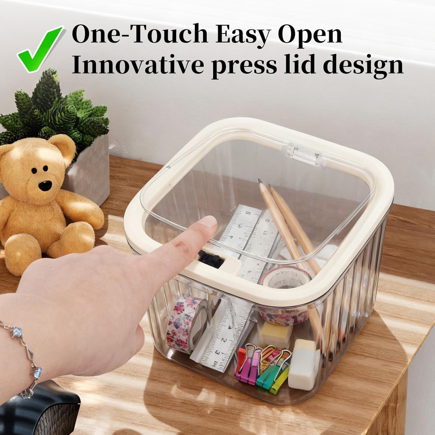 THMINS Hair Accessories Organizer for Girls,Small Plastic Storage Box with Lid for Kids Hair Clips,Ties,Bows&Jewelry,Stackable Dust-Proof Flip Top Container,Desktop Organizer(Clear)