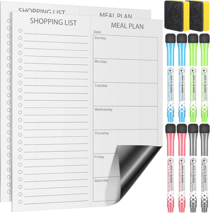 Gueevin 2 Pcs Magnetic Dry Erase Grocery List for Fridge 10" x 12" Magnet White Board Sheet with 8 Whiteboard Markers 2 Eraser Reusable for Refrigerator Kitchen Locker Cabinet Door(Black Line)