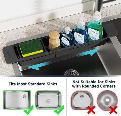 NiHome Extendable Over Sink Kitchen Organizer, Small Telescopic Brush Storage Rack for Sponge, Non-Slip Pads Expandable Sink Caddy, Adjustable Sponge/Brush Rack with Drainage Durable ABS (Dark Gray)