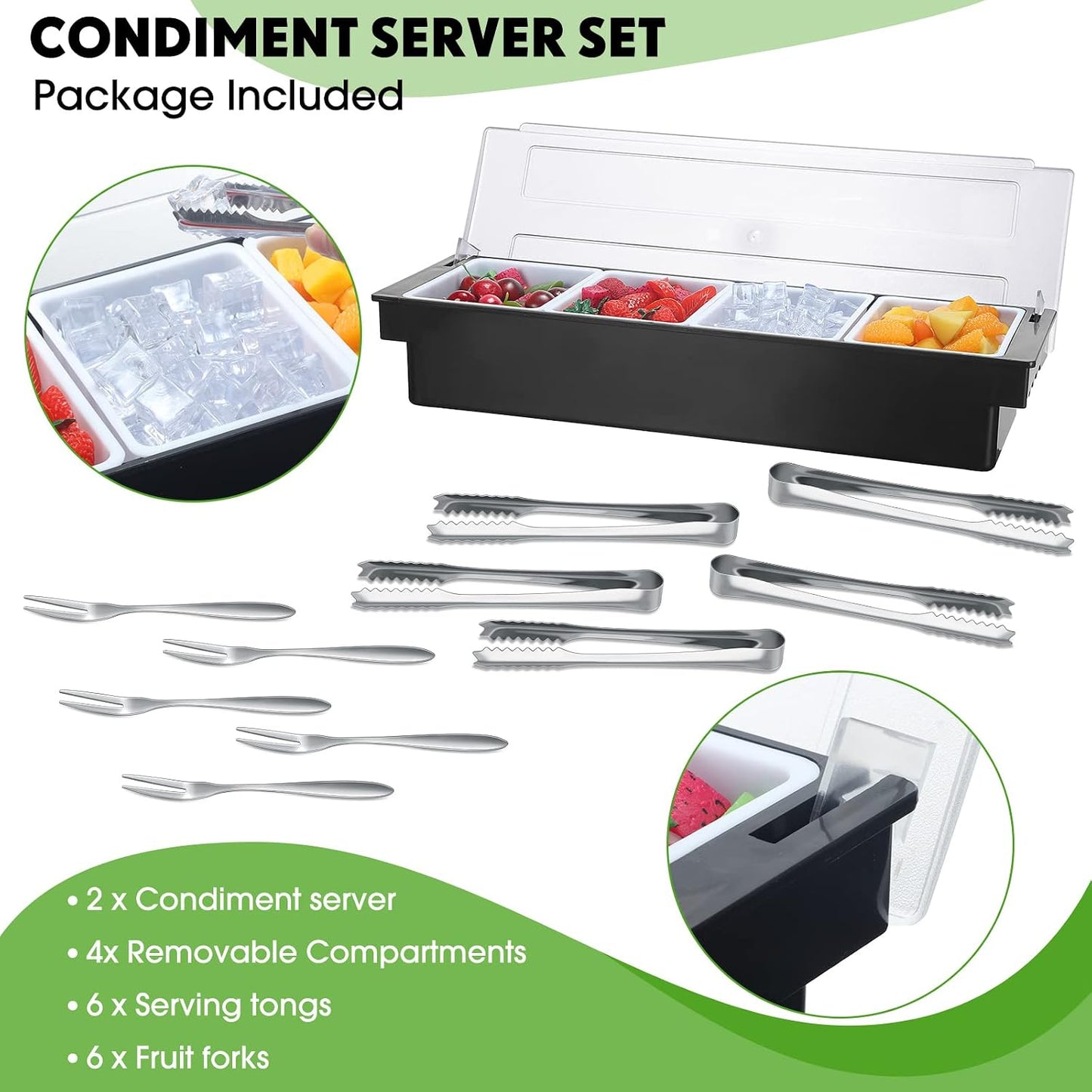2 Ice Cooled Garnish Tray Deck Bar Garnish Caddy Condiment Containers with Lids and Removable Chilled Condiment Server with 6 Tongs and 6 Fruit Forks (6 Compartments)