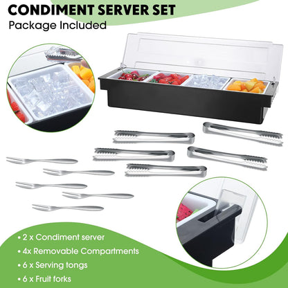 2 Ice Cooled Garnish Tray Deck Bar Garnish Caddy Condiment Containers with Lids and Removable Chilled Condiment Server with 6 Tongs and 6 Fruit Forks (6 Compartments)