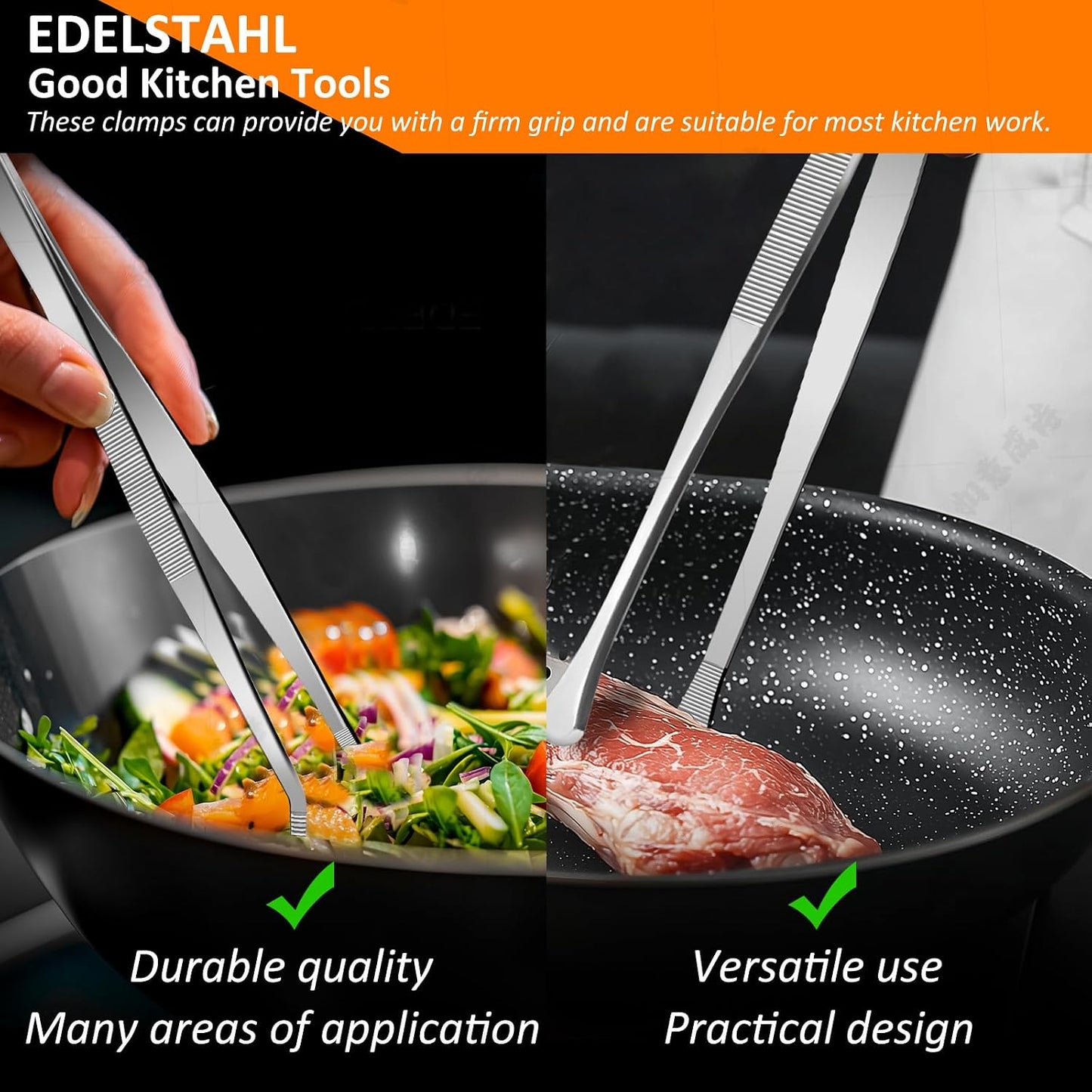2-Piece Kitchen Tongs Set – 12-Inch Stainless Steel BBQ Tweezers with Straight & Curved Edges, Non-Slip Grip, Heavy Duty for Grilling Steak, Flipping Pancakes, Salads & Cooking