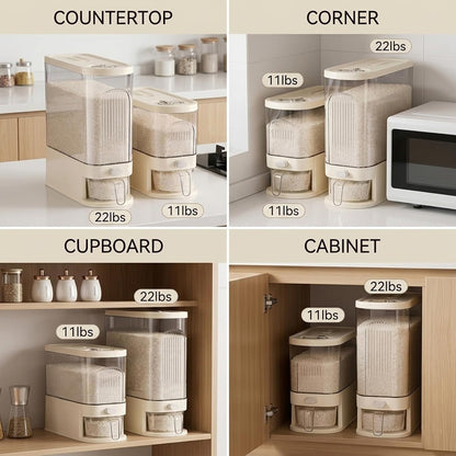 Slim Rice Dispenser with Manual Date Tracker, 22 Lbs Large Grain Storage Container for Kitchen Gap, 4.72" Wide Narrow Rice Bin with Measuring Cup, Beige