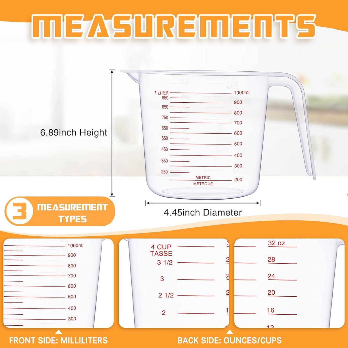 12 Pcs 4 Cup/32 oz Plastic Measuring Cups with Handle