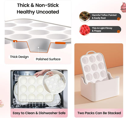 Silicone Muffin Pans for Baking 2 Pack, 2.6 Inch with Metal Reinforced Frame, Regular Size Nonstick Cupcake Pan 12 Cups for Baking Homemade Muffins, Dishwasher Safe BPA Free-Blue