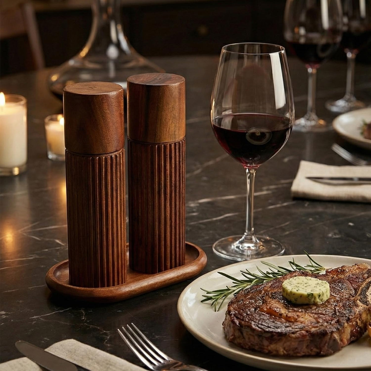 Acacia Wood Salt and Pepper Grinder Set with Matching Tray