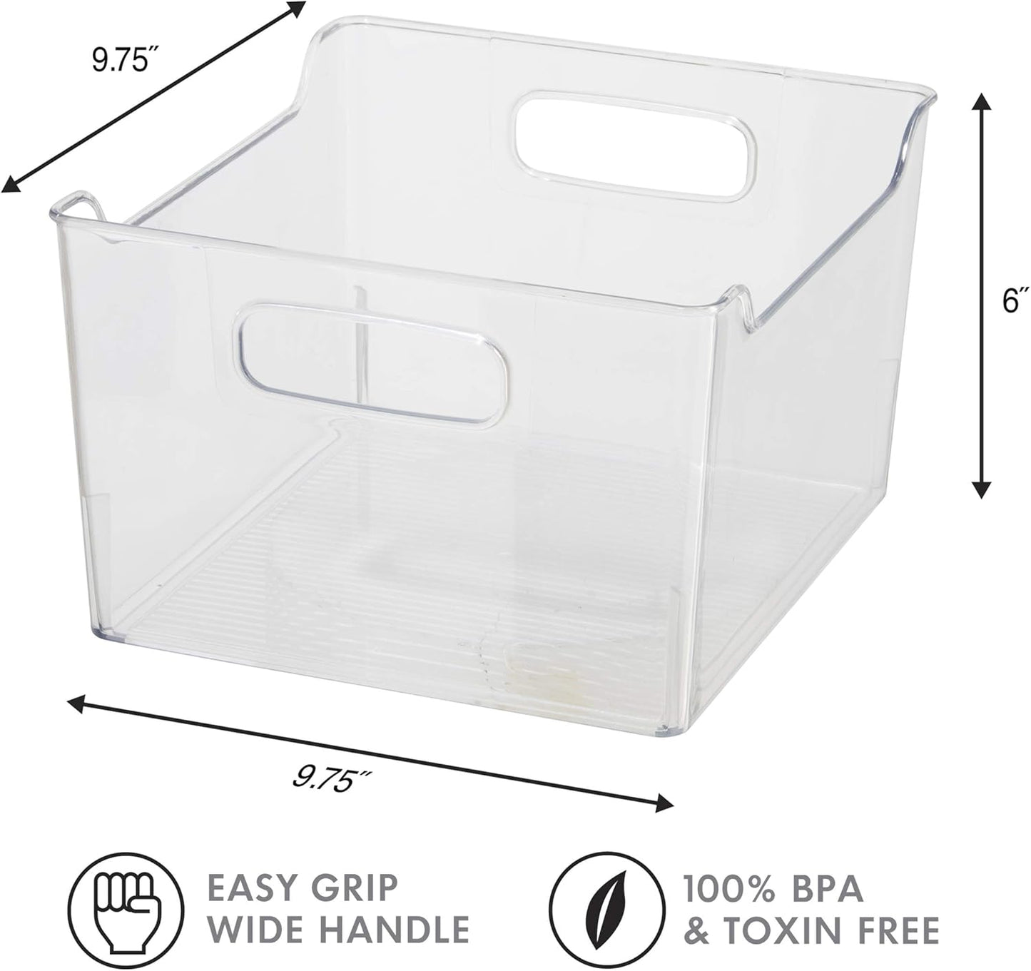 Oggi Storage Bin With Handles - Deep (9.75" x 9" x 6") - Ideal for Kitchen Organization, Pantry Storage, Fridge Organizing, Clear