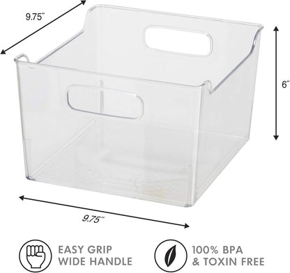 Oggi Storage Bin With Handles - Deep (9.75" x 9" x 6") - Ideal for Kitchen Organization, Pantry Storage, Fridge Organizing, Clear