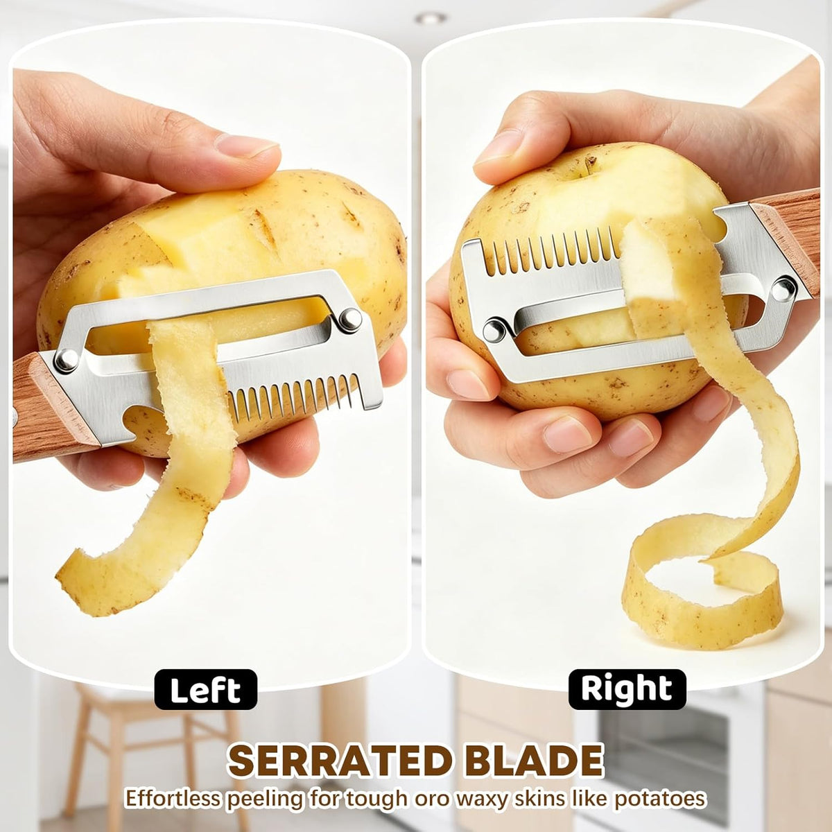 Left & Right Hand Vegetable Peeler Set with Scallion Slicer & Bottle Opener, Heavy-Duty Thick Stainless Steel Blade, Multi-Function Kitchen Peeler with Wooden Handle for Fruits & Vegetables(New 2pcs)
