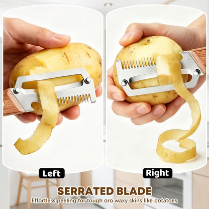 Left & Right Hand Vegetable Peeler Set with Scallion Slicer & Bottle Opener, Heavy-Duty Thick Stainless Steel Blade, Multi-Function Kitchen Peeler with Wooden Handle for Fruits & Vegetables(New 2pcs)