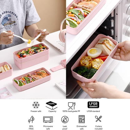 Rarapop 3 Pack Stackable Bento Box Adult Japanese Lunch Box Kit with Spoon & Fork, 3-In-1 Compartment Wheat Straw Meal Prep Containers (Green/Pink/Beige)