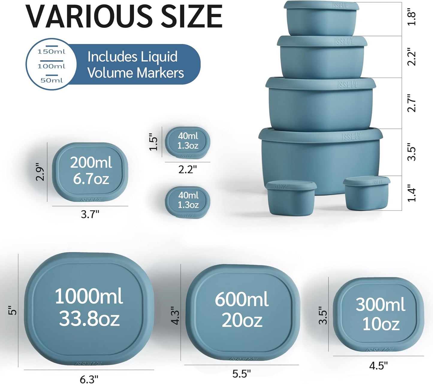 ISSEVE 6Pcs/Set Nesting Silicone Food Storage Containers with Lids, BPA Free Reusable Meal Prep Silicone Containers Lunch Box Bento Box Set (33.8oz, 20oz, 10oz, 6.7oz, 1.3oz) (Purple)