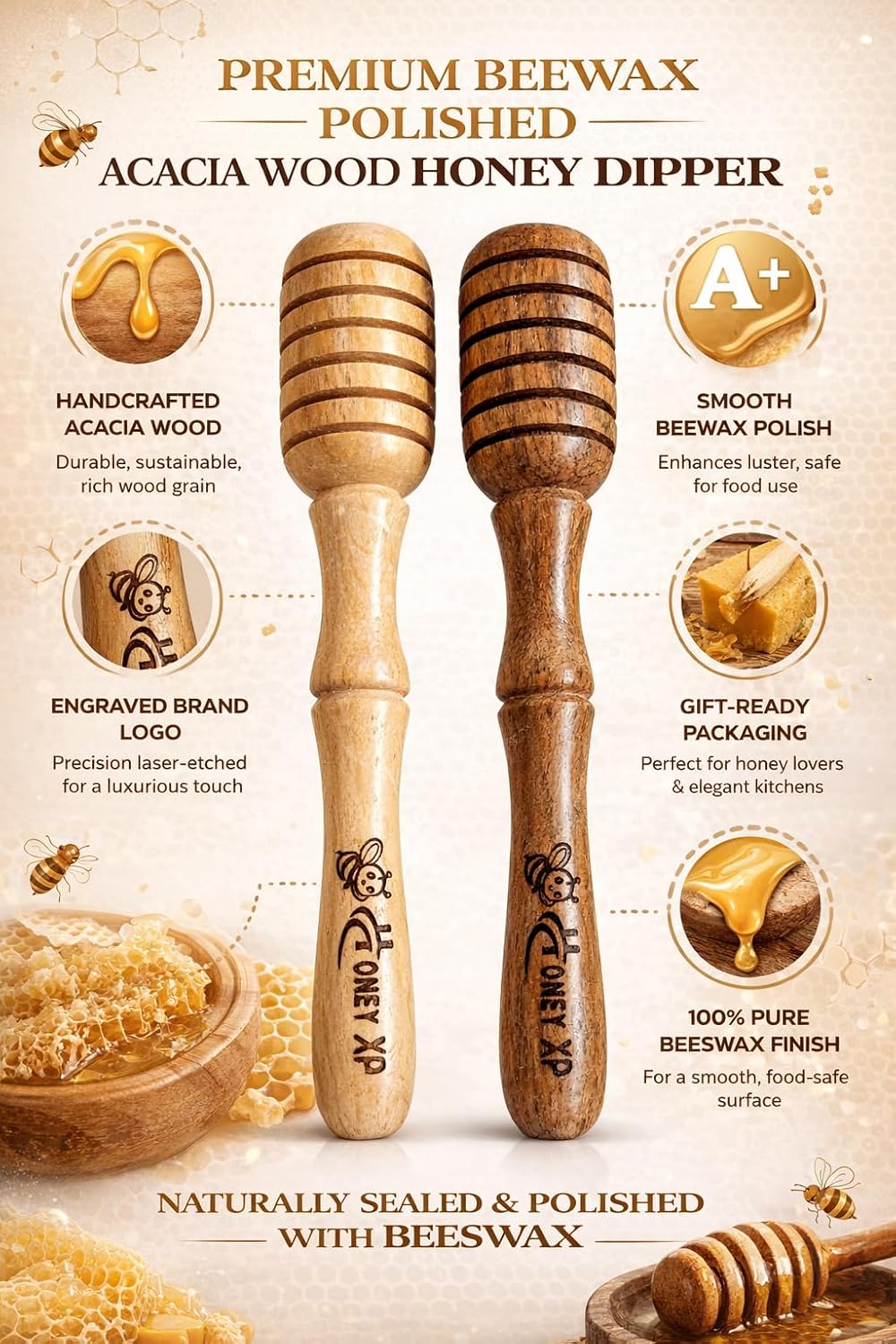 Premium Acacia Wood Honey Dipper Sticks Set of 2 – 6 Inch Food Grade Beeswax Polished Honey Wand Dispenser Server | Warp-Resistant Elegant Wooden Honey Drizzler for Jars Kitchen Use
