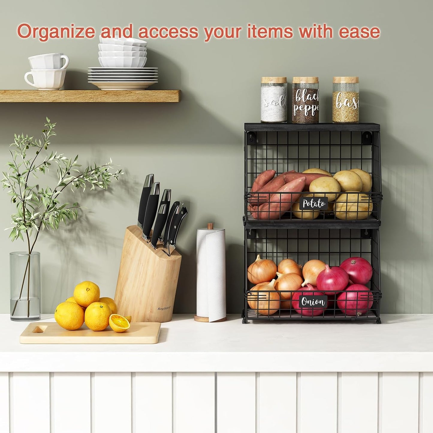 Goozii Hanging Wall Fruit Basket for Kitchen Counter 2 Pack, Stackable Wire Baskets for Organizing with Wood Lid, Potato and Onion Storage Bin with Banana Hook for Vegetable Produce, Black + Rustic