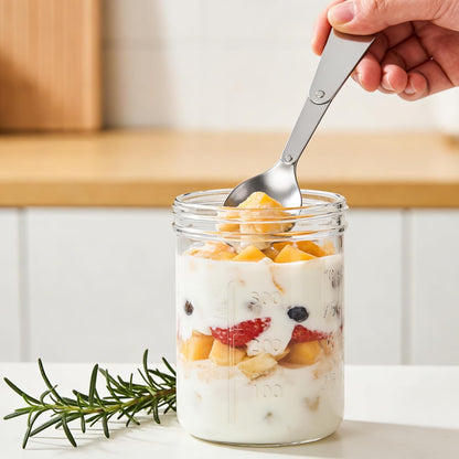 Overnight Oats Containers with Lids, 4 Pack 16 Oz Glass Mason Jars - Leakproof Meal Prep Jars, Separate Compartment, Folding Spoon, Yogurt Parfait Cups, Stackable, BPA Free