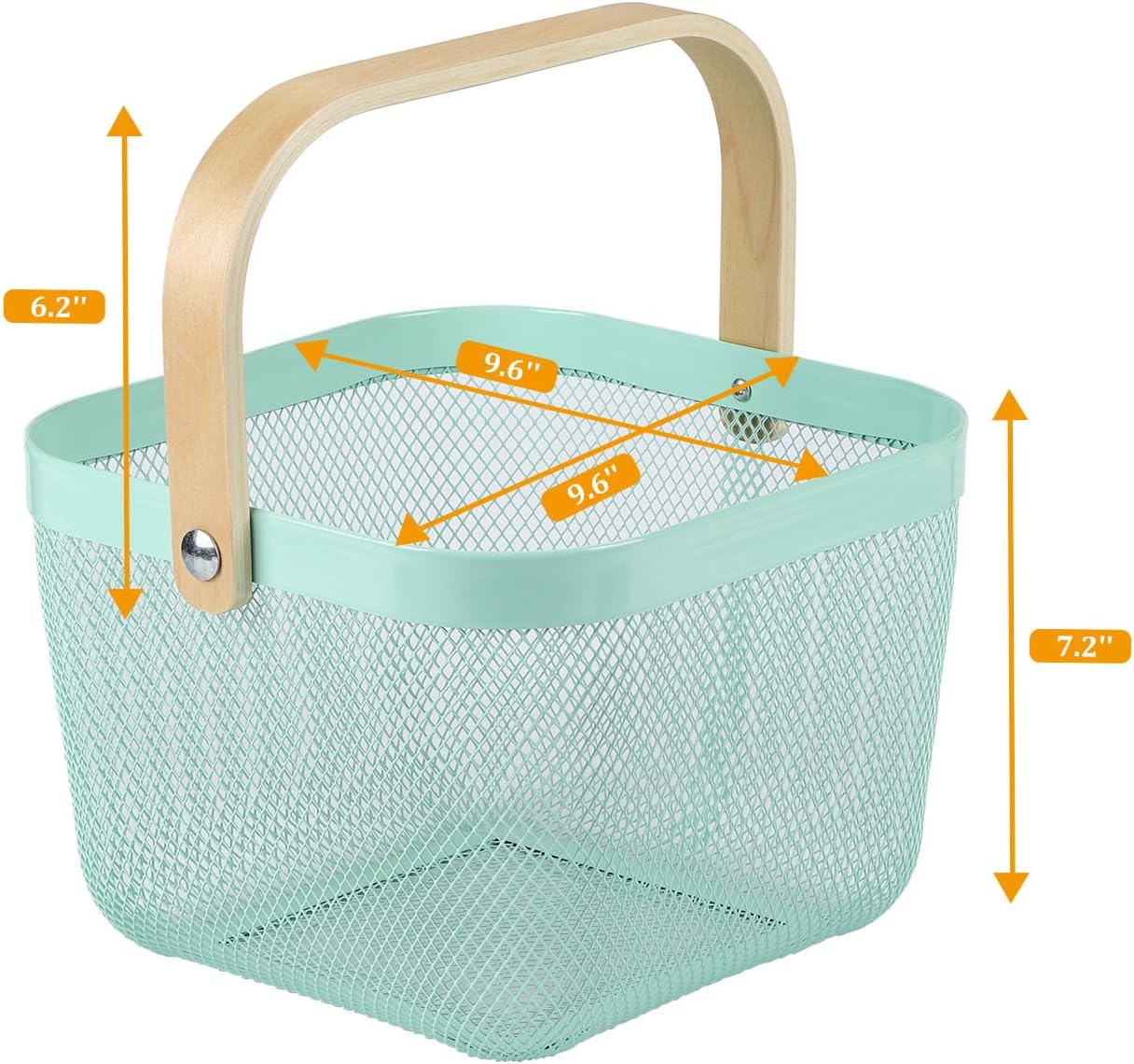 Coloful Metal Mesh Wire Basket with Foldable Wooden Handle,Bin Garden Fruit Vegetable Storage Hanging Harvest Holder for Kitchen Bathroom Picnic (Yellowish Green, Cuboid-15.7 x 9.5 x 7.2“)