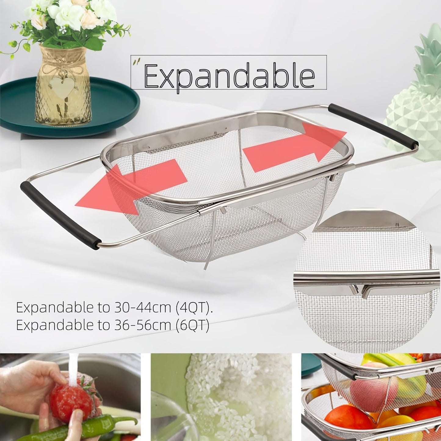 Expandable Strainer Over The Sink Basket, Stainless Steel Colander with Fine Mesh, 4-6Quart Strainer Basket with Rubber Grip Handle for Kitchen, Drain, Rinse Veegetables, Fruits (silver, 6QT)