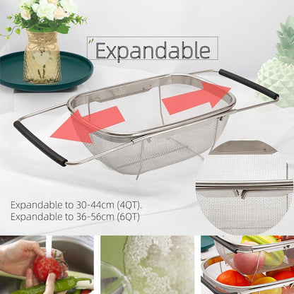 Expandable Strainer Over The Sink Basket, Stainless Steel Colander with Fine Mesh, 4-6Quart Strainer Basket with Rubber Grip Handle for Kitchen, Drain, Rinse Veegetables, Fruits (silver, 6QT)