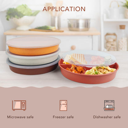 greenandlife 9 Inch 4PCS Portion Control Plates with Lids, Divided Plates for Kids Adults, Dishwasher Microwave Safe Compartment Plate, Unbreakable Lightweight Reusable Wheat Straw Plate, Earth Tone