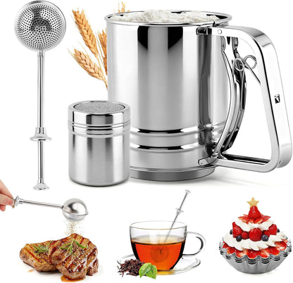 Flour Sifter Set, 4‑in‑1 Stainless Steel Double Layer Fine Mesh Sifter