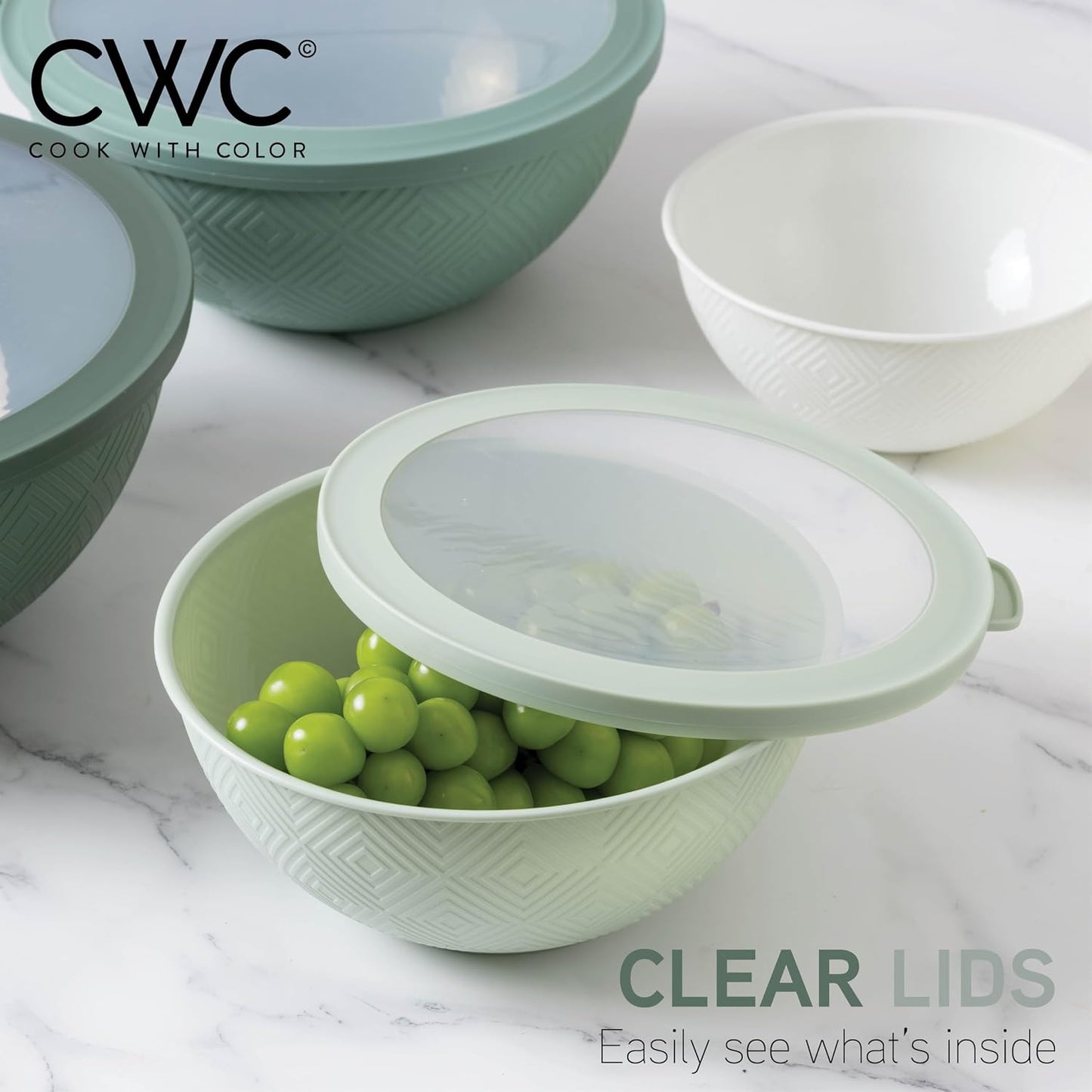 COOK WITH COLOR Mixing Bowls with Lids - 12 Piece Plastic Nesting Bowls Set includes 6 Prep Bowls and 6 Lids, Microwave Safe Mixing Bowl Set, Pink Embossed - Colors B