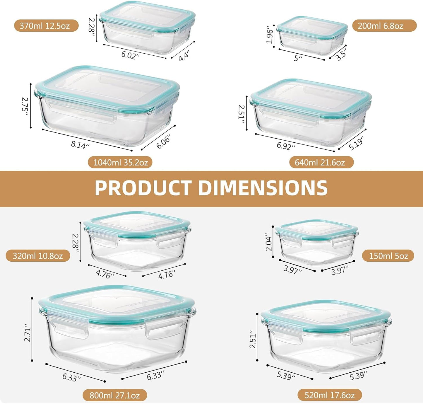 YUNCANG 8 Pack Glass Food Storage Containers with Lids, 5oz to 35oz Meal Prep Containers, Airtight Bento Boxes with Leak Proof Locking for Microwave, Oven, Freezer and Dishwasher, BPA Free