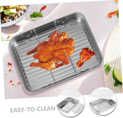 Healifty Stainless Steel Deep Kitchen Prep Tray Oil Filter BBQ Roasting Pan Set for Cooking and Baking Sturdy Food Container Rack for Grilling and Oven Use