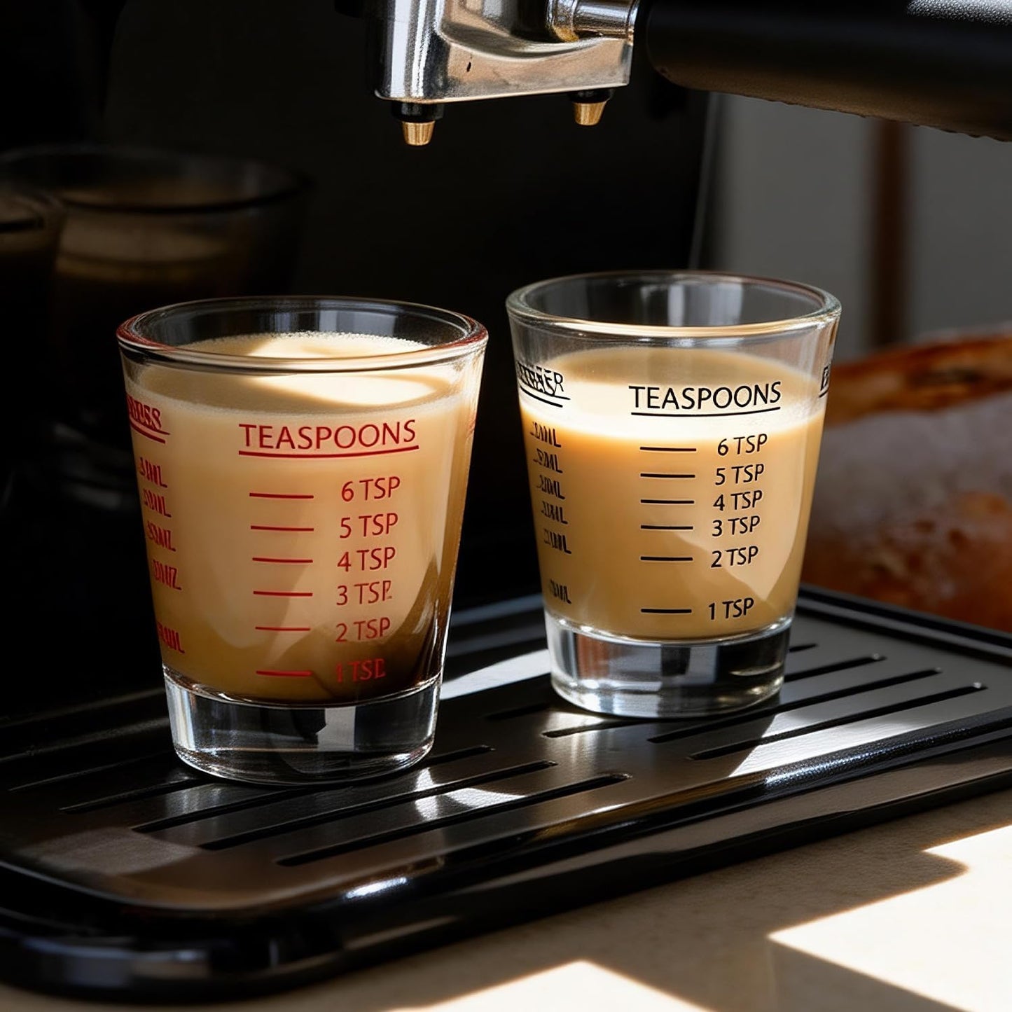 GLASKEY Shot Glasses Measuring Cup Set - 2 Pack Espresso Shot Glasses with Precise Measurement Marks,Heavy Duty Glass,Dishwasher Safe,Perfect for Coffee,Cocktails and Kitchen Use (Black & Red)