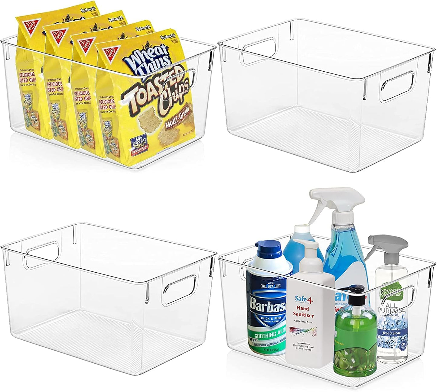4 Pack Kitchen Organizers - Clear Plastic Storage Bins for Fridge, Pantry, Cabinet, Countertops and Bathroom